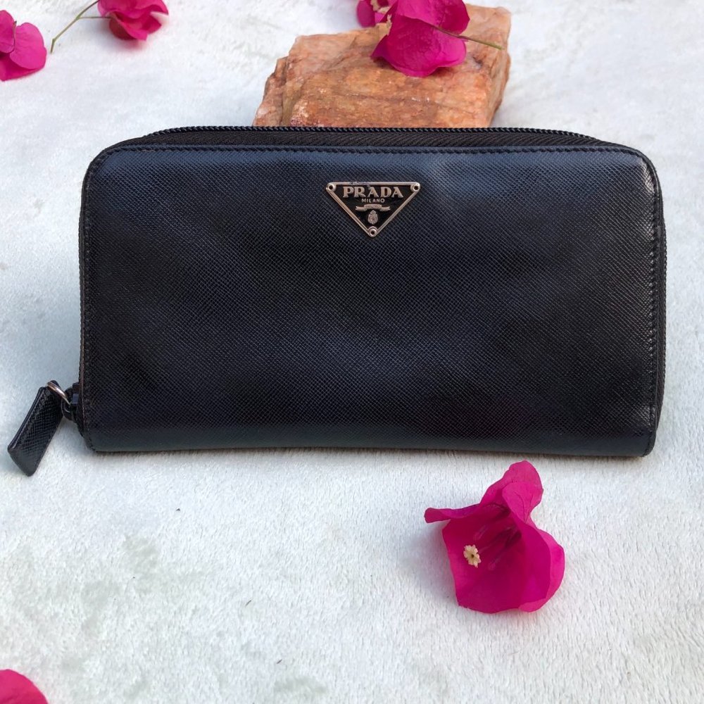 Prada Wallet Tessuto Saffiano Black Leather Compact Zip Around Wallet